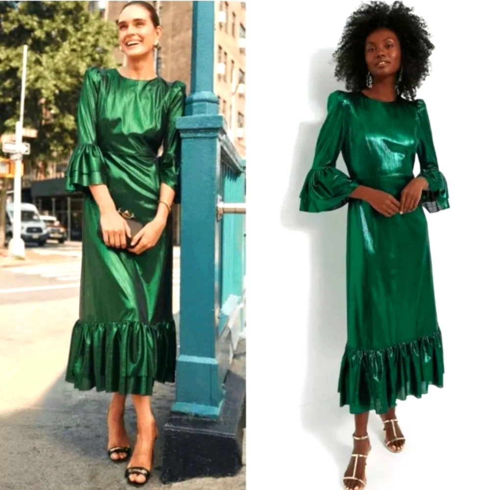 Pomander Place Metallic Emerald Green Long Sleeve Ruffle Hem Dress